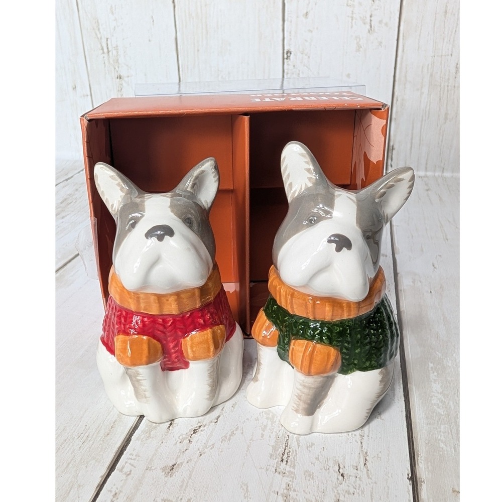 Celebrate Fall Together‎ Salt Pepper Shakers French Bulldog Dog Sweaters NEW